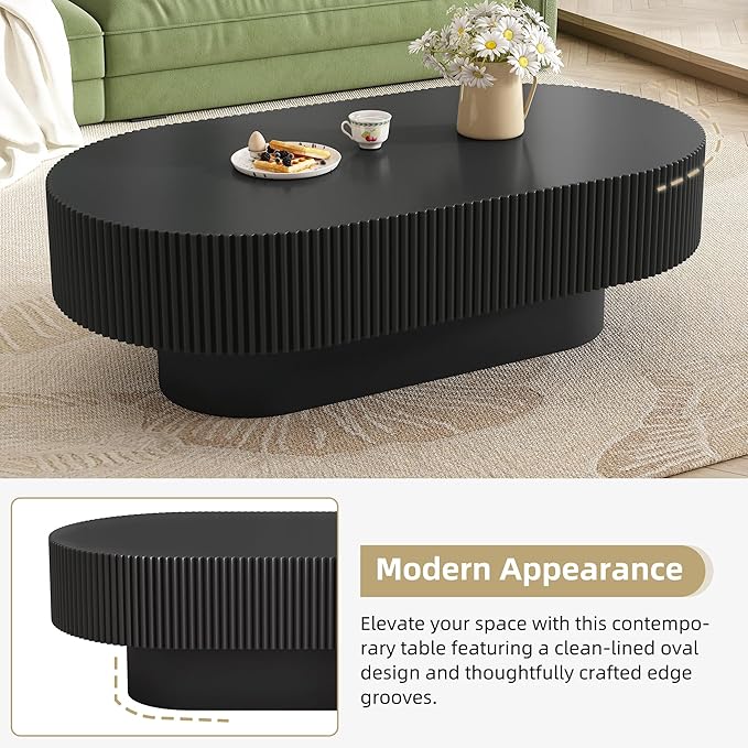 WILLIAMSPACE 43.3" Oval Coffee Table with 6.8" Thick Tabletop & Sturdy Base, Modern Drum Center Table Accent End Tea Table for Living Room, Minimalist Fluted Design, Easy Assembly, Black