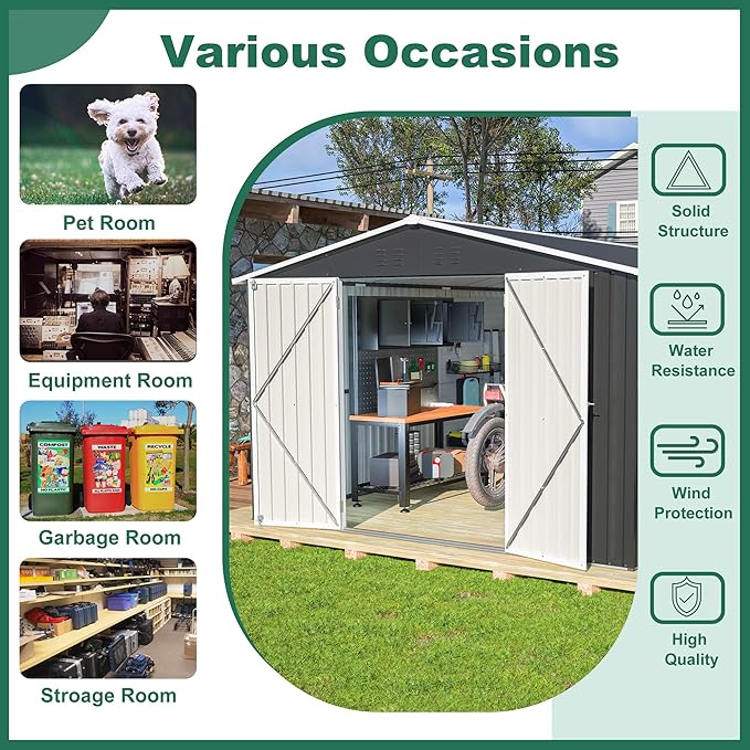 10x12 FT Outdoor Storage Shed, Large Metal Garden Shed with Lockable Hinged Doors, Outside Tool Shed with Sloped Roof & 4 Air Vents, Waterproof Storage Building for Backyard, Patio, Lawn, Black