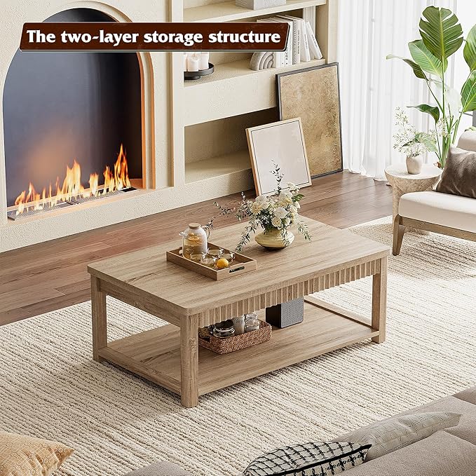 Coffee Table, 39 Inch Modern Coffee Tables for Living Room with 2-Tier Storage & Wave-Edge, Oak Center Table for Bedroom/Office