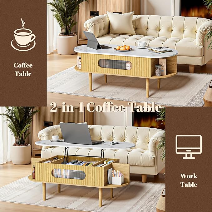 47" Coffee Table, Wood Oval Center Table with 3 Hidden Compartment & 4 Open Space, Faux Marble Tabletop, Modern Coffee Table for Living Room, Home Office, Natural