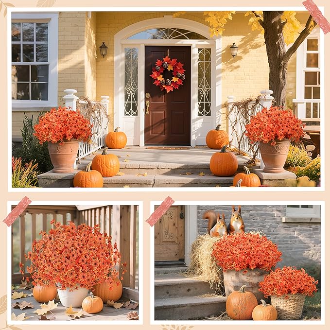 Der Rose 12 Bundles Faux Artificial Mums for Outdoors Fake Fall Flowers Plants Fall Decoration UV Resistant for Outside Home Porch Patio Garden Decor（Orange）