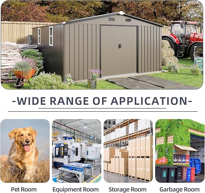 10x12 FT Outdoor Storage Shed, Large Metal Garden Shed with 2 Windows, Outside Tool Sheds with Lockable Sliding Doors, Waterproof Storage Building with 4 Air Vents for Backyard, Patio, Lawn, Brown