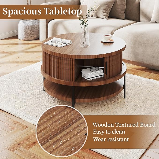 AQY Round Flip Top Coffee Table with Storage, 31.4" Multifunctional Wooden Center Table with Large Hidden Compartment & Open Shelves, Modern Coffee Table for Living Room, Office, Assembly Required