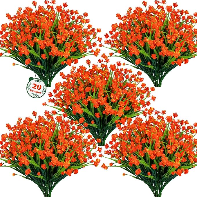 Lnoicy 20pcs Artificial Flowers for Outdoor,Plastic Flowers Decoration, UV Resistant Faux Flowers Shrubs, Artificial Plants for Indoor Outside Garden Home Wedding Farmhouse（Orange）