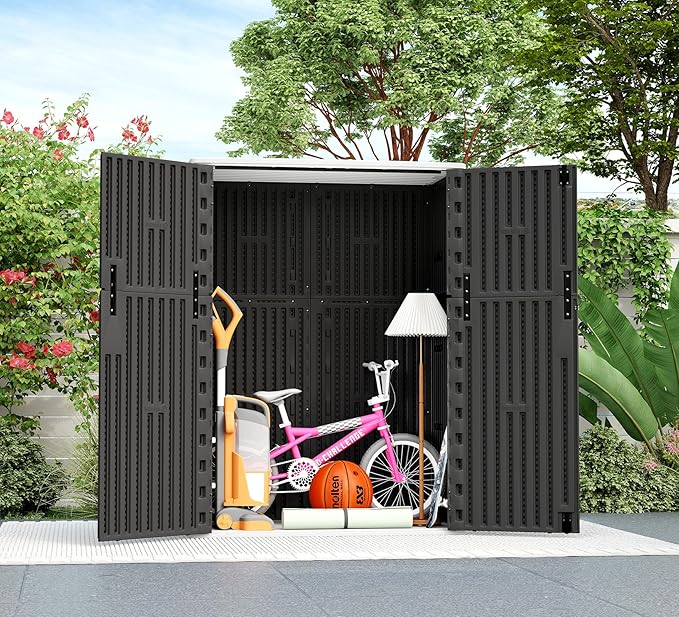 ZZM 57 Cu.ft Outdoor Storage Shed with Floor HDPE Double-Wall Resin Sheds Outdoor Storage, Lockable Weatherproof Storage Cabinet Fit for Garden Tools, Garage can, Bike, Patio Furniture, Black