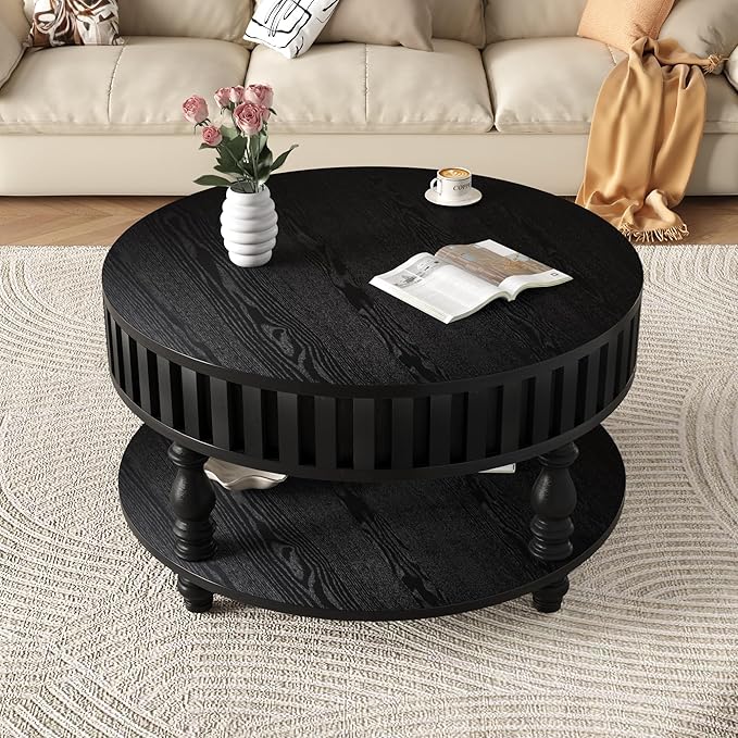 Homora Farmhouse Fluted Coffee Table with Hidden Storage, Rustic Round Center Table with Solid Wood Legs, Circle Wooden Tea Table for Small Space Living Room, 31.49''L × 31.49''W × 16.53''H, Black