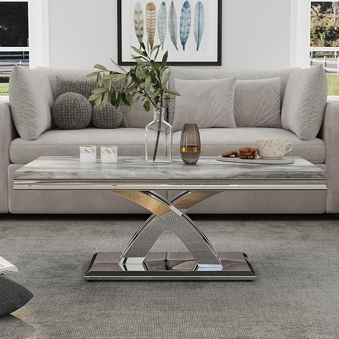 AUZ 2 Pieces Silver Living Room Table Set, Coffee Table and Console Table with X-Shape Design Polished Stainless Steel Frame