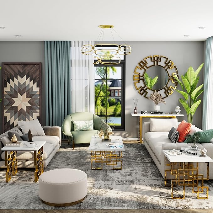 AUZ Gold End Table Set - Luxury Square Living Room White & Gold Side Table with Mirrored Geometric Base