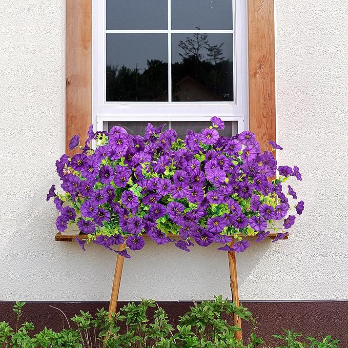 Artificial Flowers for Outdoor Decoration, 10 Bundles Fake Plastic Flower Plant, Faux Colorful Silk Morning Glory Eucalyptus for Outside Spring Summer Garden Porch Front Door Decor, Dark Purple