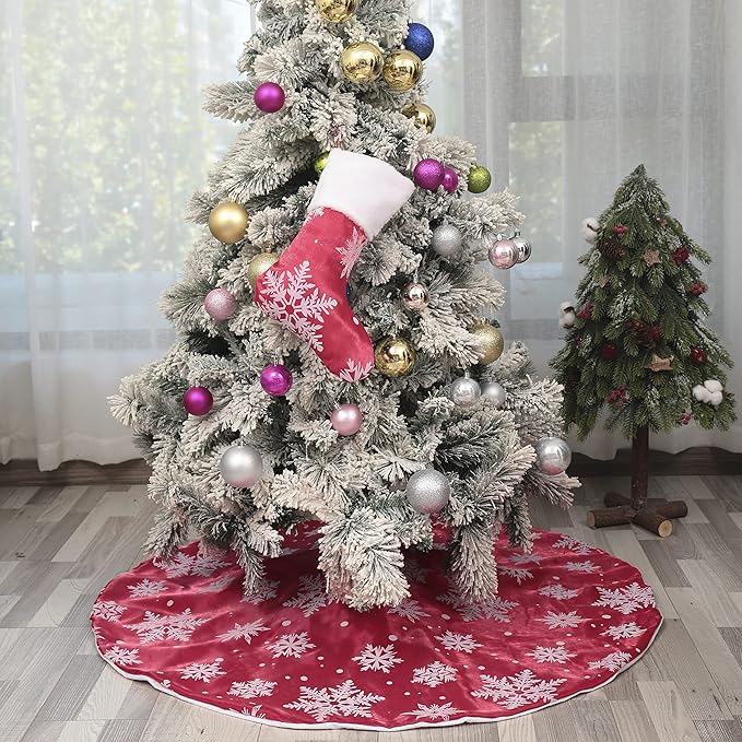 Flash World 36 Inch Large Christmas Tree Skirt Xmas Soft Cover Mat Decor Snowflake Collar Farmhouse Tree Skirt for Holiday Ornaments Party Home Indoor Decorations (Flocking Red, 48INCH)