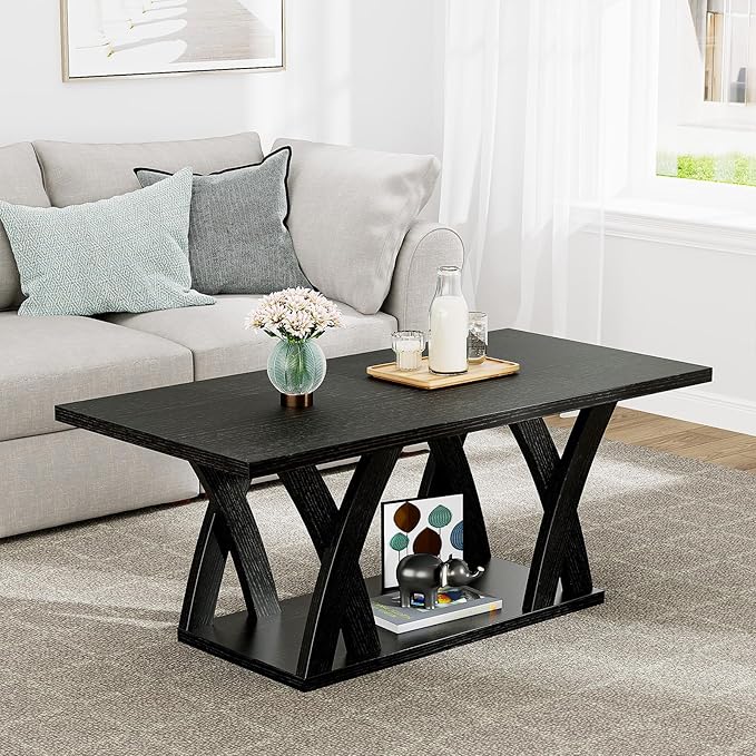 47” Farmhouse Coffee Tables for Living Room Rustic Stands with Storage Shelf Black Coffee Tables for Living Room Farmhouse Center Stands with Shelf Wood Rectangle Center Table