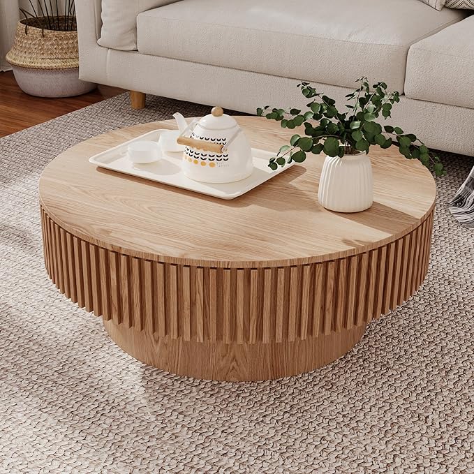 31.5" Round Coffee Table with Hidden Storage Compartment, Modern Handcraft Fluted Drum Coffee Table, Wooden Circle Center Table Cocktail Tea Table with Sturdy Pedestal for Living Room,Natural