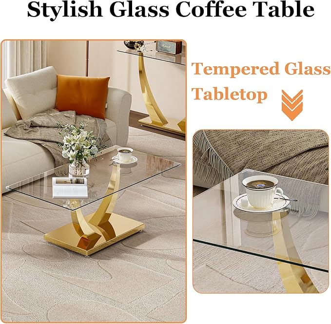 47" Glass Coffee Table, Modern Rectangular Center Table with Tempered Glass Top and Gold Horn-Shaped Stainless Steel Base for Apartment, Office