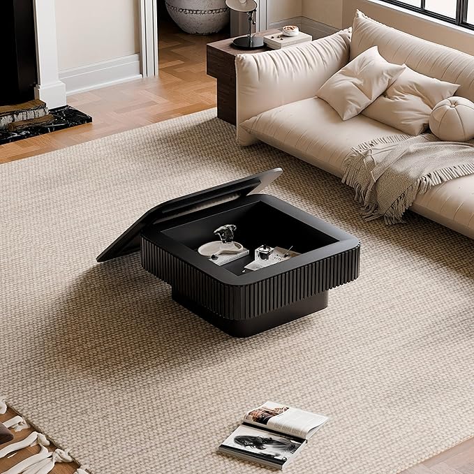 31.5'' Square Coffee Table with Storage, Mid Century Modern Fluted Drum Center Tables with Lid, Solid Wood Modern Coffee Table Accent Tea Table for Living Room, Bedroom, Apartment or Office, Black