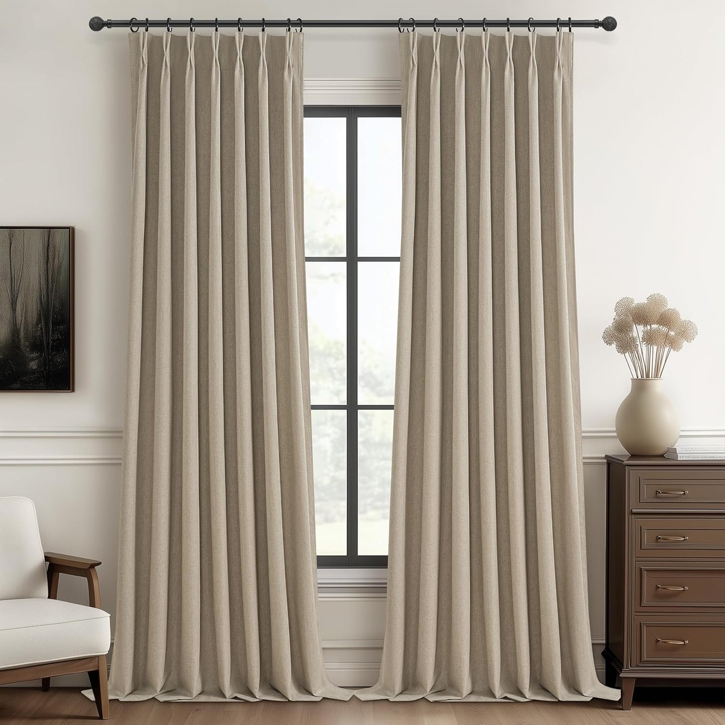 Extra Long Custom 102 Inch Viral Curtains with Pinch Pleat Clips, 100% Blackout Curtains for Bedroom Weather Burg Thermal Insulated Noise Cancelling Back Tab GreyBeige Boho Drapes 2 Panel Set