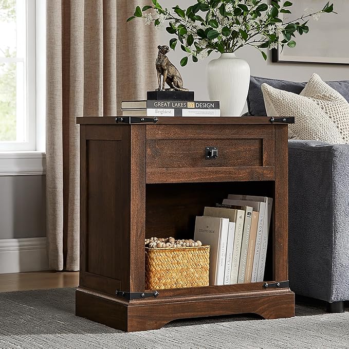 T4TREAM 24" Farmhouse Nightstand with Charging Station, Large End Table with Drawer and Open Storage Cabinet, Rustic Wood Bedside Table Sofa Table for Bedroom, Dark Walnut