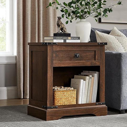 T4TREAM 24" Farmhouse Nightstand with Charging Station, Large End Table with Drawer and Open Storage Cabinet, Rustic Wood Bedside Table Sofa Table for Bedroom, Dark Walnut