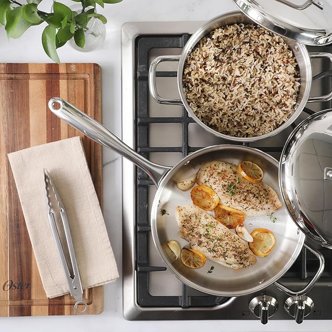 Oster Platinum Sedwick Stackable Stainless Steel Pots and Pans Cookware Set W/Domed Stainless Steel Lids W/TriPly Encapsulated Base - Induction Safe