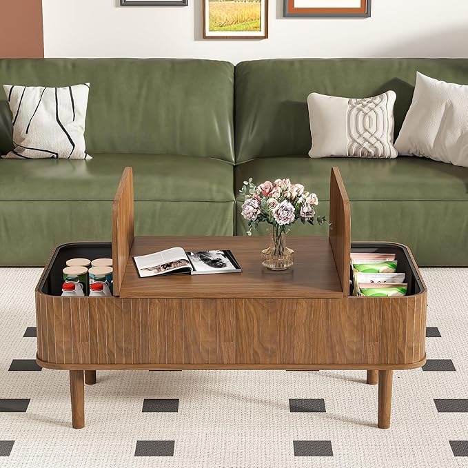 Fluted Lift Top Coffee Table with Storage, Mid Century Modern Coffee Table for Living Room, Home Small Space,39.4" Fluted Center Table (Rectangle-Walnut, 39.4inch)