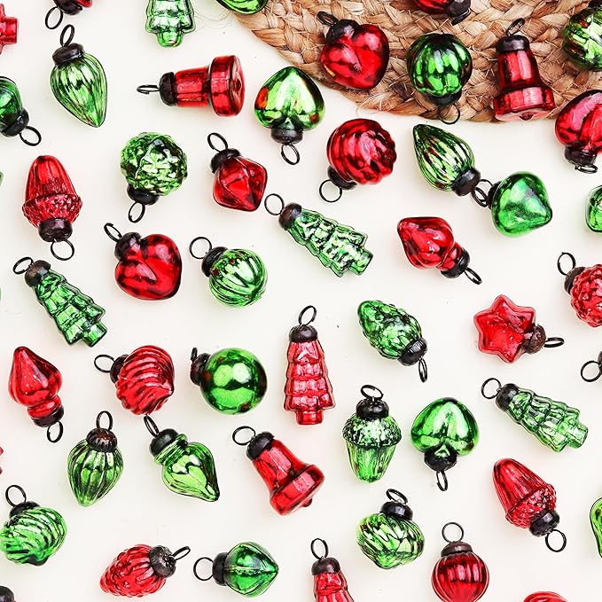 IndianShelf 300 Pieces Red & Green Glass Vintage Christmas Ornaments Mini Bulk Decorative Ornaments for Halloween, Christmas Tree, New Year, Valentine Day, Holidays, Event and Wedding (25 * 12 Boxes)