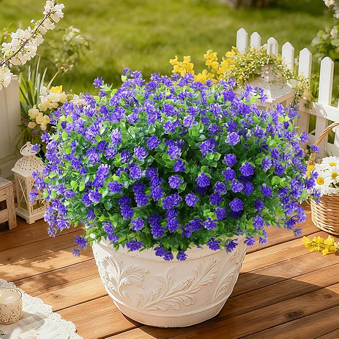 SITUMEIZI 8 Bundles Purple Artificial Flowers Outdoor Fake Flower Plastic UV Resistant Shrubs Greenery Plants Hanging Decorations Garden Porch Window Box Farmhouse Outside Summer Indoor Decor