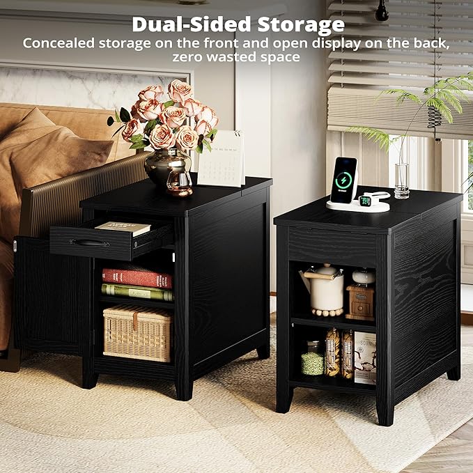 IRONCK End Table with Charging Station, Narrow Side Table for Living Room, Farmhouse Night Stand for Bedroom, Beside Table with Storage and Drawer for Home, Black