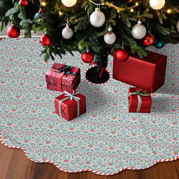 Christmas Tree Skirt Cotton Floral Block Tree Skirt in Nature Color for Home Xmas Party Seasonal Holiday Decoration Indoor Outdoor(60 Inch,Green)