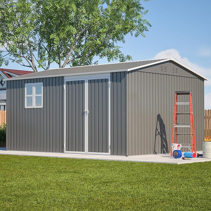 10X12 FT Outdoor Storage Shed Heavy-Duty Metal Sheds & Outdoor Storage with Floor Frame, Rustic Style Window and Lockable Doors Bright and Spacious Tool Sheds for Backyard Garden Patio Lawn, Gray