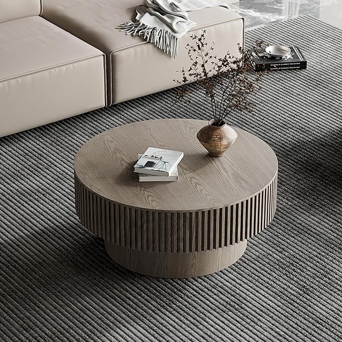 31.5" Round Coffee Table with Hidden Storage Compartment, Modern Handcraft Fluted Drum Coffee Table, Wooden Circle Center Table Cocktail Tea Table with Sturdy Pedestal for Living Room, Grey