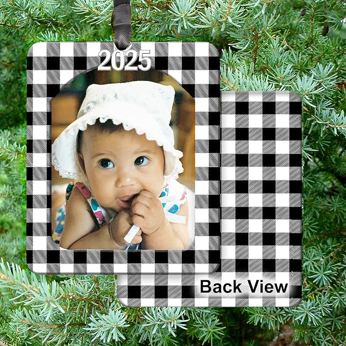 2025 Photo Ornaments for Christmas Tree, Classic Black and White Buffalo Plaid Christmas Frame Ornament, Easy-Load Magnetic Design, with Satin Ribbon, Silver Charm Plus Photo Protector, Vertical