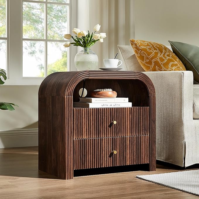 T4TREAM 24" Fluted Nightstand Set of 2, Large 2 Drawers Bedside Table with Charging Station, Modern End Table with Storage Night Stand for Bedroom, Living Room, Round Curved Corner Design, Dark Walnut