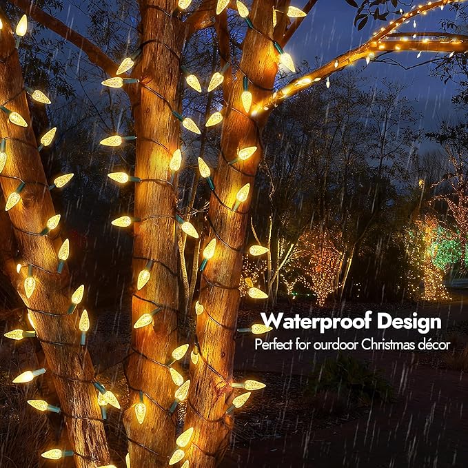 WBao Battery Operated Christmas Lights 100 LED 34ft C6 Christmas String Lights with 8 Modes, Timer, Waterproof Design for Indoor Outdoor Trees, Fence, Stairs Xmas Decorations, Warm White