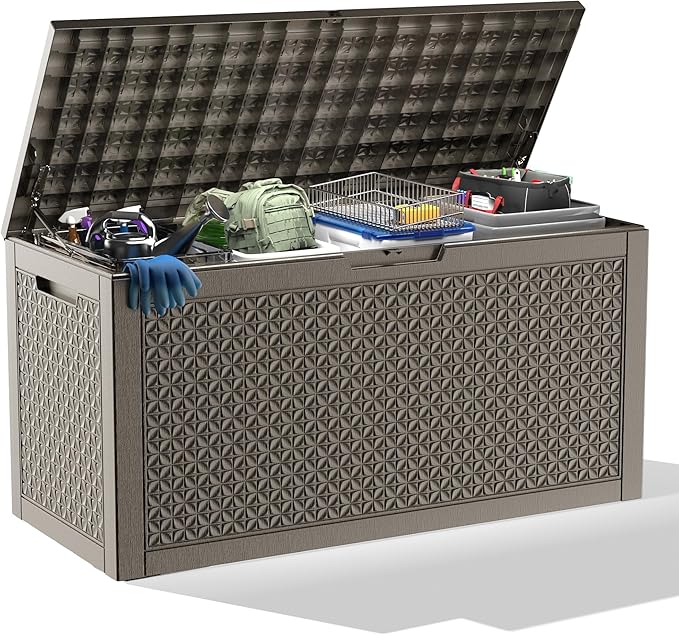 121 Gallon Deck Box with Lock - Resin Waterproof Outdoor Storage Box for Patio Furniture,Garden Tools,Cushions,Pool Accessories(Grey)