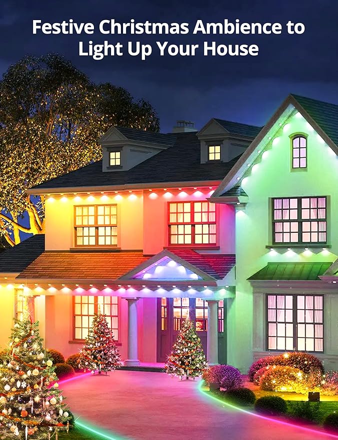 RGB+IC Permanent Outdoor Lights for House Garden, 50Ft Smart Eave Lights, String Lights, IP67 Waterproof, for Christmas Halloween Decor Birthday Gift with Alexa, Google Assistant APP/Remote Control