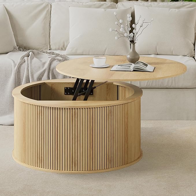 Lift Top Coffee Table, Fluted Round Coffee Table with Storage, Farmhouse Center Dining Table Circle Table for Living Room, Apartment, Home Office (Natural)