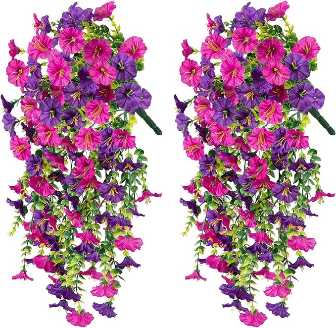 Ivydale 2 PCS Artificial Hanging Flowers Fake Plants Outdoor,Silk Morning Glory Faux Flowers with Eucalyptus Leaf,UV Resistant Realistic Hanging Petunias Plants for Home Garden Decor (Purple+Fuchsia)