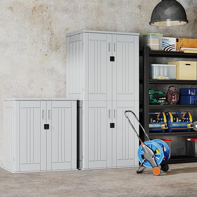 EHHLY Heavy Duty Small Storage Cabinet Outdoor Weatherproof, 14 Cuft Garage Storage Cabinet with 2 Adjustable Shelves, Lockable Kitchen Pantry Closer Organizer, 31Wx23Lx34H, Polar White