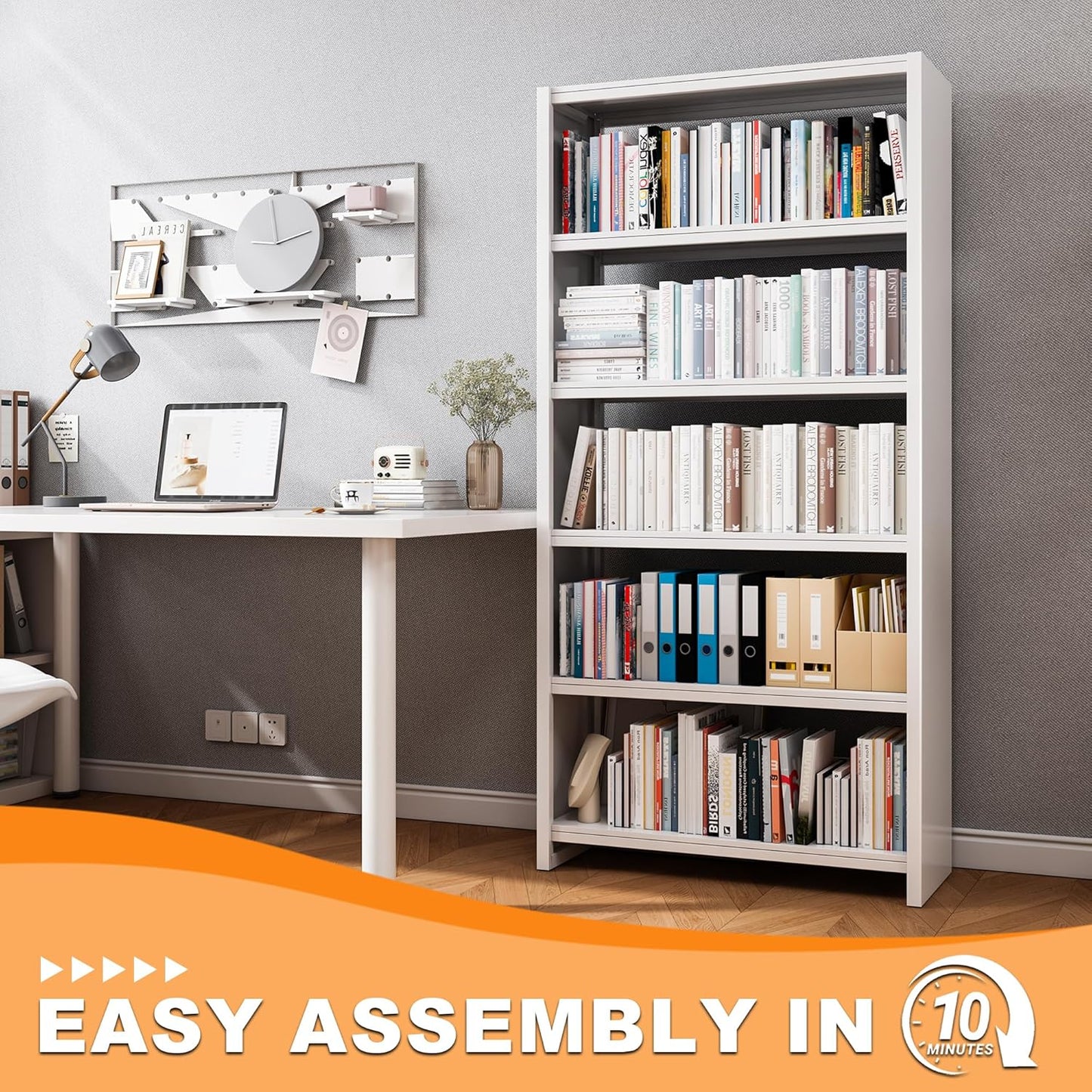 69.3" H Home Office Bookcase Shelf Storage,5 Tier Bookcase with Open Display Shelves,Industrial Wide Bookshelf with Metal Frame for Home Office, Living Room, Bed Room (34.1" W)
