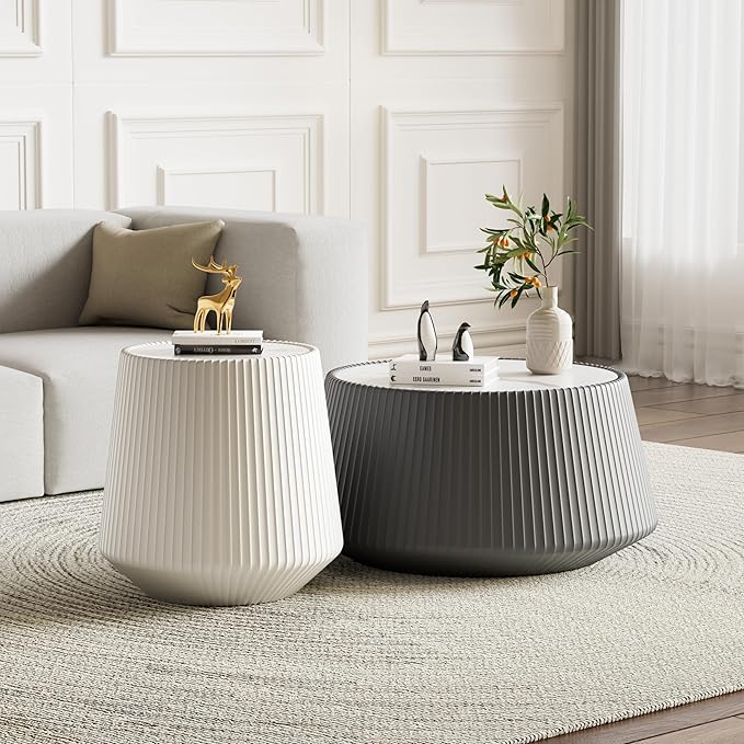 Round Living Room Table Set, 26.77" Grey Drum Center Table and 19.68" White Coffee Table Set, 2 Pieces Coffee Table Set with Sintered Stone Tabletop, Fluted PU Leather Covered and StableBase