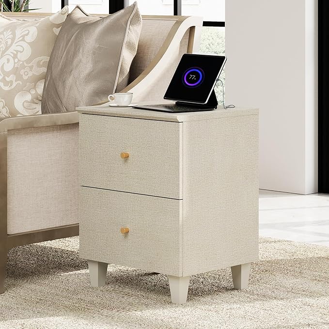 WAMPAT Bedside Table with Charging Station, 2 Drawers, 2 AC Outlets and 2 USB Ports, Nightstand for Bedroom, Modern Mid-Century End Table with USB Hub for Living Room, Beige Linen Printed Finish