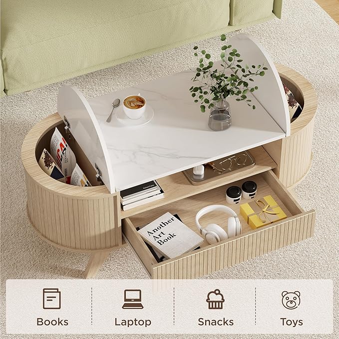 Coffee Table with Storage, Mid Century Modern Center Table for Living Room, Oval Fluted Coffee Table with Hidden Storage Space, Open Shelf & Drawer, Natural Wood