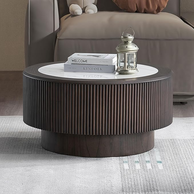 Round Coffee Table with Marble Tabletop for Living Room Mid Century Modern Fluted Circle Coffee Table with Pedestal Wood Center Tables Accent Tea Table for Apartment, 31.5'' Dark Brown