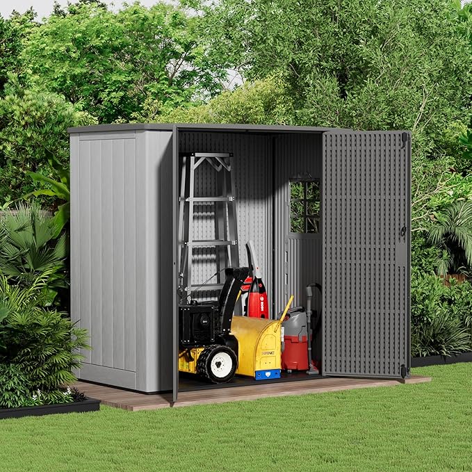 6×3.5 FT Storage Shed with Floor,HDPE Resin Outdoor Storage Shed Weather Resistant,Garden Sheds with Windows for Home/Garden Tools/Backyard/Lawn Mower/Bike Storage(Gray)