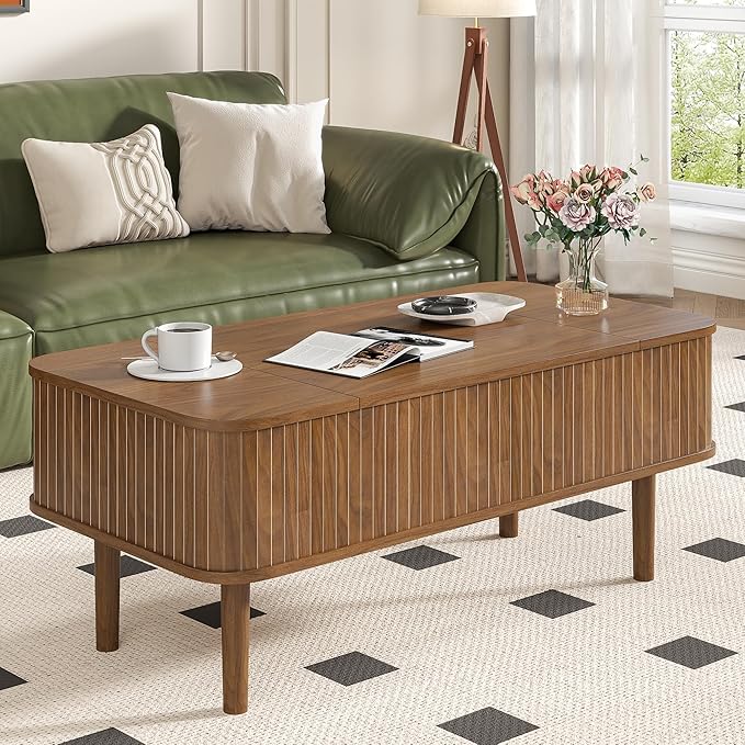 Fluted Lift Top Coffee Table with Storage, Mid Century Modern Coffee Table for Living Room, Home Small Space,39.4" Fluted Center Table (Rectangle-Walnut, 39.4inch)