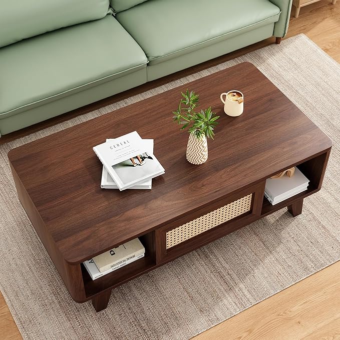 Soohow Coffee Table, Mid Century Living Room Tables with Storage, Modern Square with Rattan Drawer, Wooden Living Room Table with Solid Wood Leg
