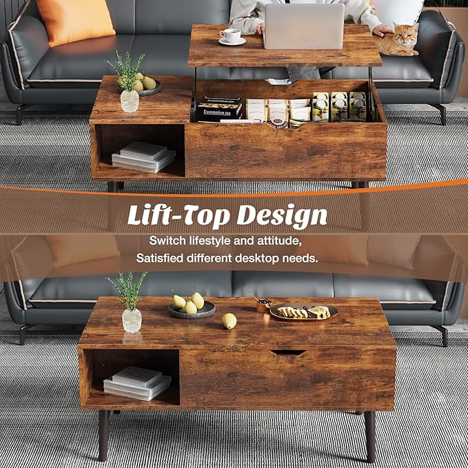 Sweetcrispy Lift Top Coffee Tables for Living Room, Small Rising Wooden Center Tables with Storage Shelf and Hidden Compartment, Brown