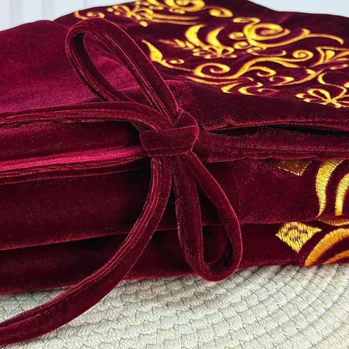 72-Inch Victorian Velvet Christmas Tree Skirt with Gold Damask Embroidery and Plush Lace Ties, Burgundy