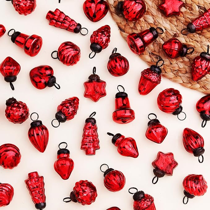 IndianShelf 50 Pieces Red Glass Vintage Christmas Ornaments Mini Bulk Decorative Ornaments for Halloween, Christmas Tree, New Year, Valentine Day, Holidays, Event and Wedding (25 * 2 Boxes)
