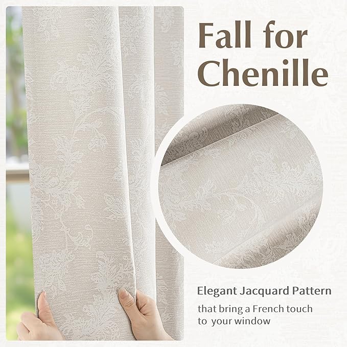 FMFUNCTEX Beige Floral Jacquard Blackout Curtains 84 Inches Long for Bedroom, Scroll Flower Chenille Farmhouse Curtains for Living Room Darkening Thermal Insulated Grommet Window Drapes 2 Panels
