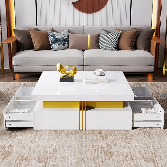 Merax 43.3" Modern Glossy Square Storage Coffee Table with 4 Drawers, Gold Accents, Functional Center Tables for Living Room Apartment, Glossy White